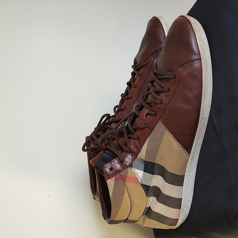 SOLD Burberry Leather & Check Canvas High Top Men's Sneakers Size 44 / US 11 - Picture 3 of 12